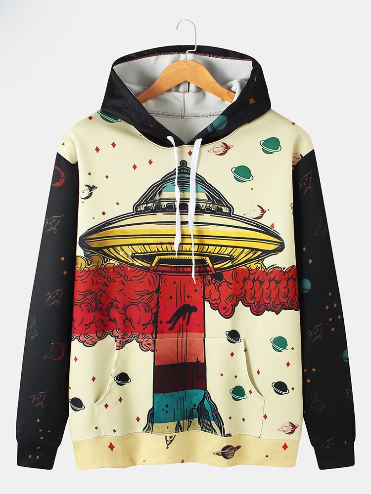 Herre Ufo Planet Graffiti Print Kangaroo Pocket Design Hettegensere