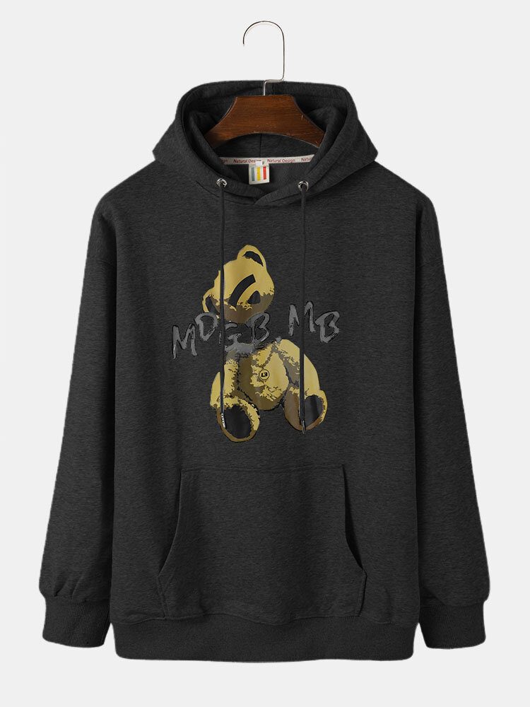 Kangaroo Pocket Preppy Bear Printed Pullover-hettegensere For Menn