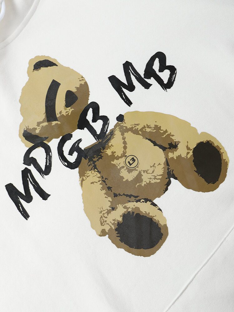 Kangaroo Pocket Preppy Bear Printed Pullover-hettegensere For Menn