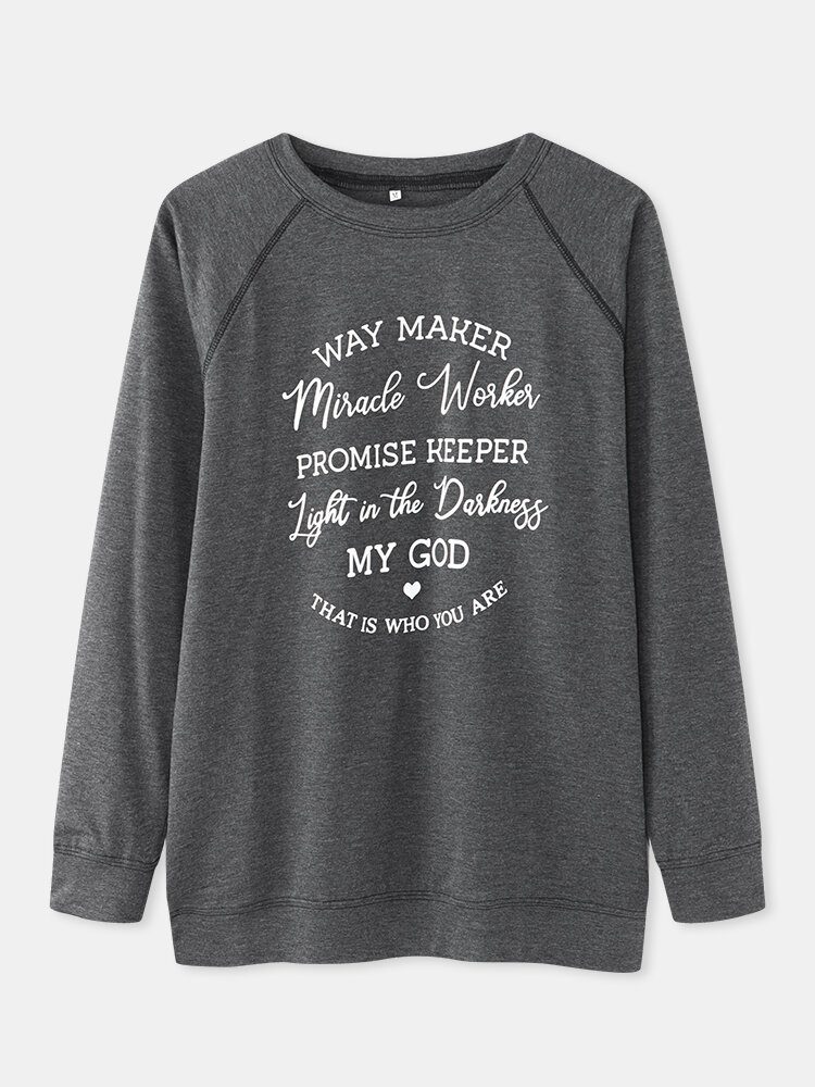 Kvinne Letter Slogan Trykt O-hals Raglan Sleeve Simple Sweatshirts