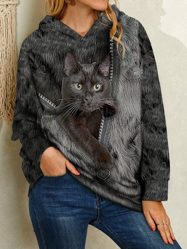 Kvinner Cartoon Black Cat Print Langermet Casual Hettegensere