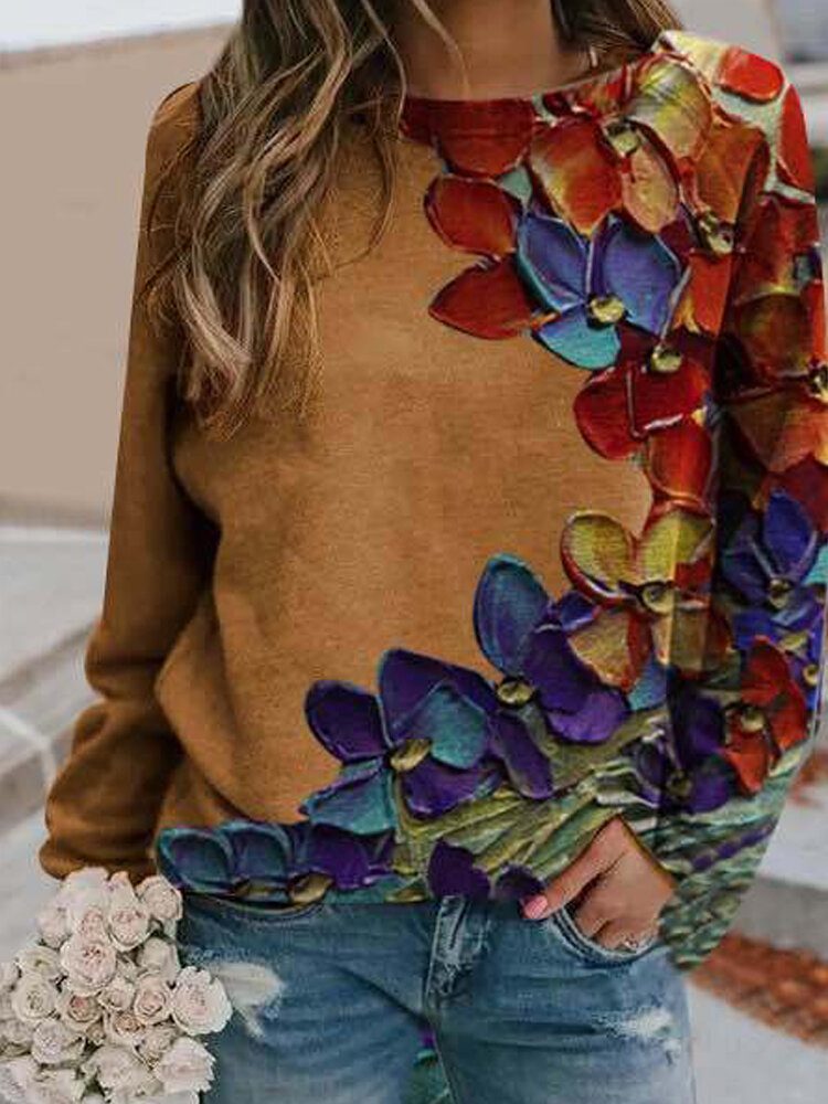 Kvinner Fargerikt Blomstertrykk Langermet O-hals Casual Sweatshirt