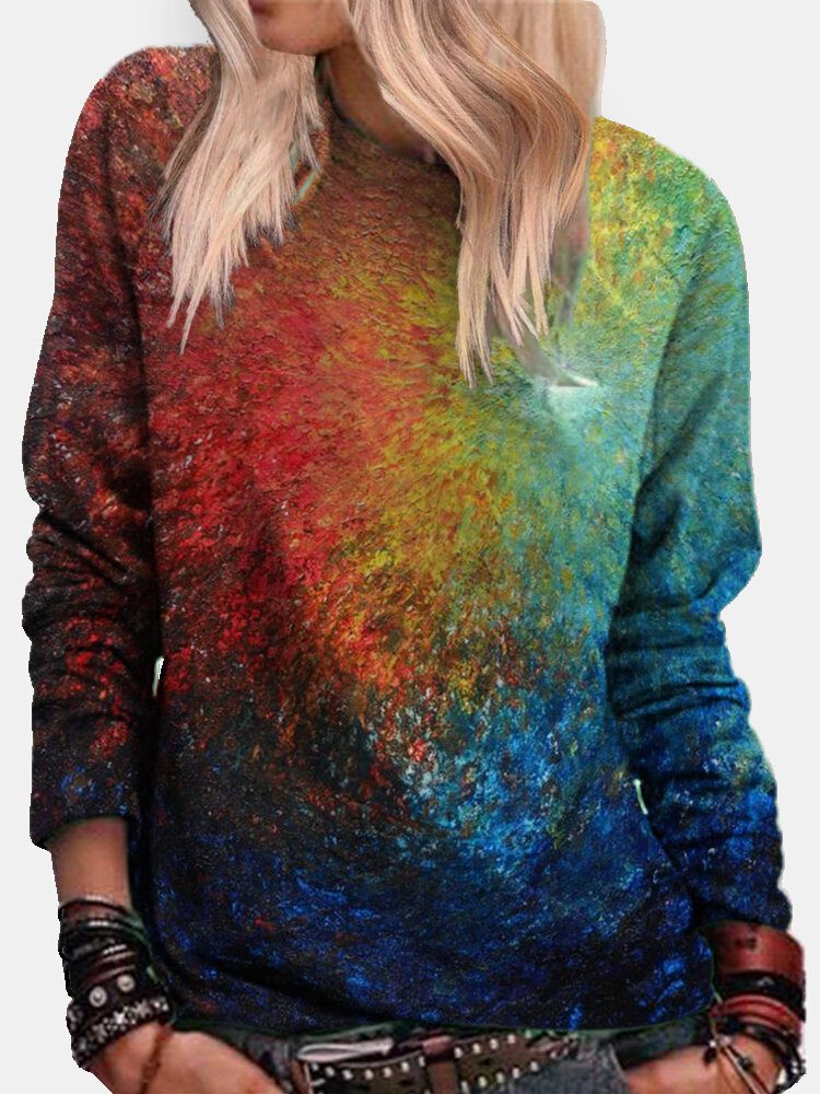 Kvinner Fargerikt Tie-dye Print O-hals Uformell Genser Med Lange Ermer