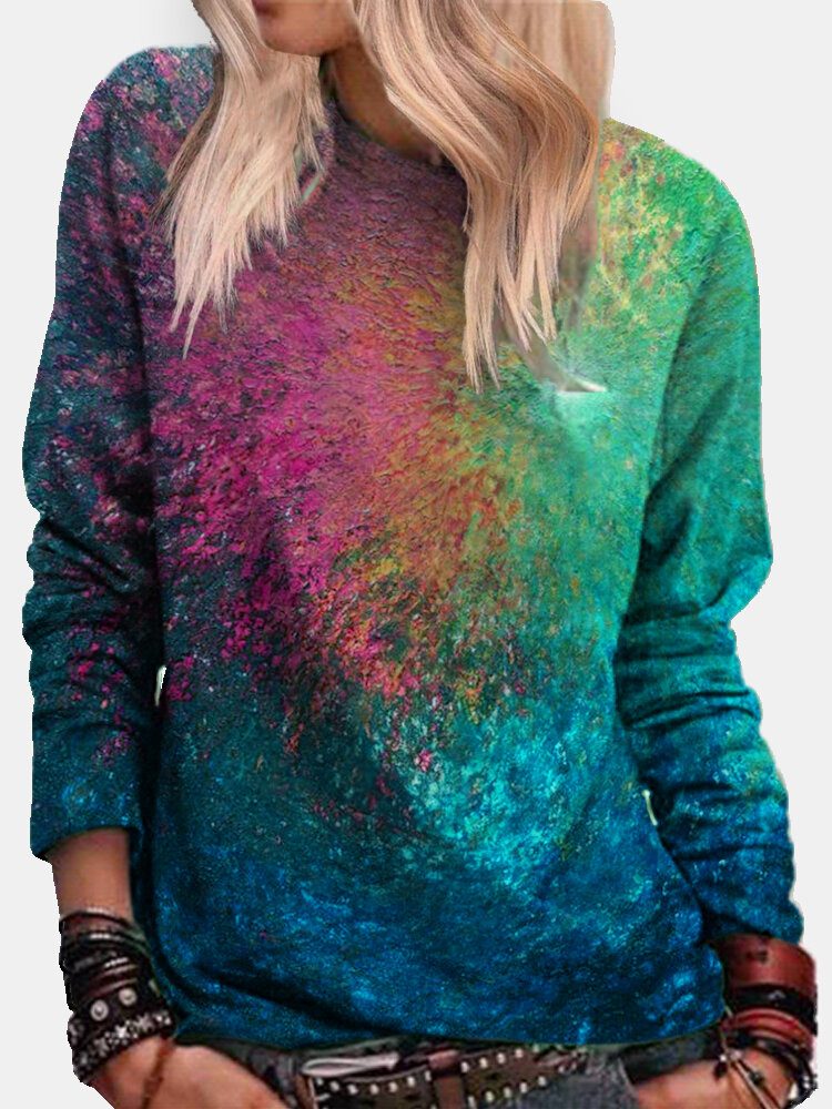 Kvinner Fargerikt Tie-dye Print O-hals Uformell Genser Med Lange Ermer