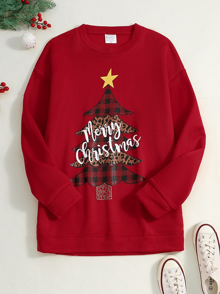 Kvinner Juletre Printed Letter Rundhals Casual Pullover Sweatshirt