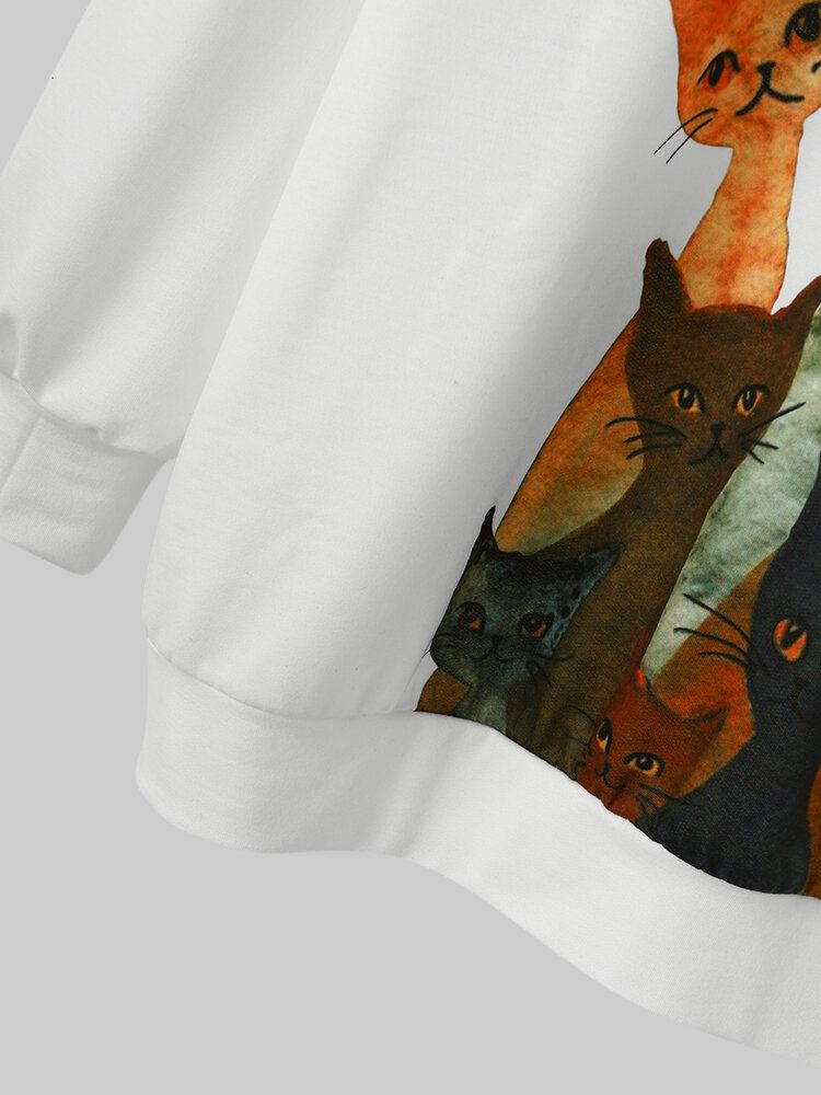 Kvinner Multi Cartoon Cat Printed Long Sleeve Cute White Hettegensere