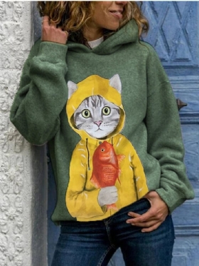 Kvinner Søt Cartoon Cat Grafisk Trykk Langermet Uformell Pullover Hettegenser