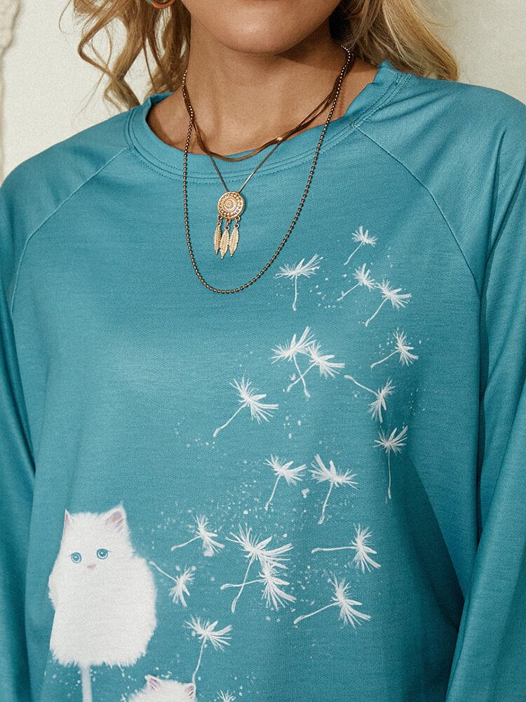 Kvinner Søt Cat Løvetann Print Rundhals Langermet Casual Sweatshirt