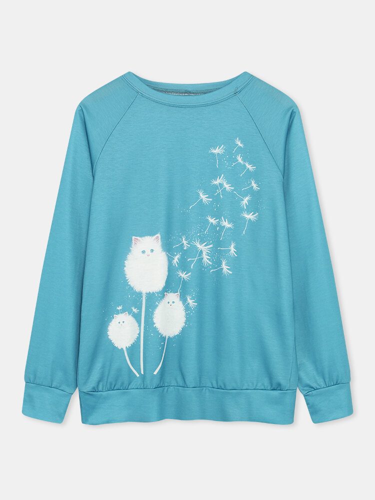 Kvinner Søt Cat Løvetann Print Rundhals Langermet Casual Sweatshirt