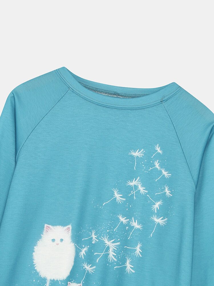 Kvinner Søt Cat Løvetann Print Rundhals Langermet Casual Sweatshirt