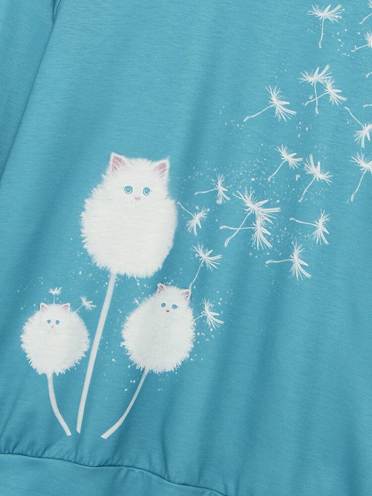 Kvinner Søt Cat Løvetann Print Rundhals Langermet Casual Sweatshirt