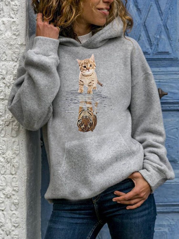 Kvinner Søt Katt Grafisk Print Langermet Casual Pullover Hettegenser