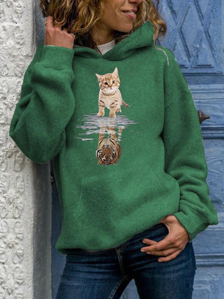 Kvinner Søt Katt Grafisk Print Langermet Casual Pullover Hettegenser