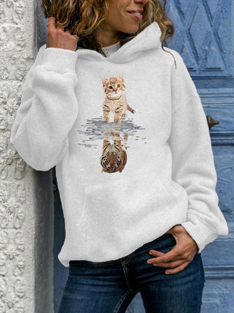 Kvinner Søt Katt Grafisk Print Langermet Casual Pullover Hettegenser