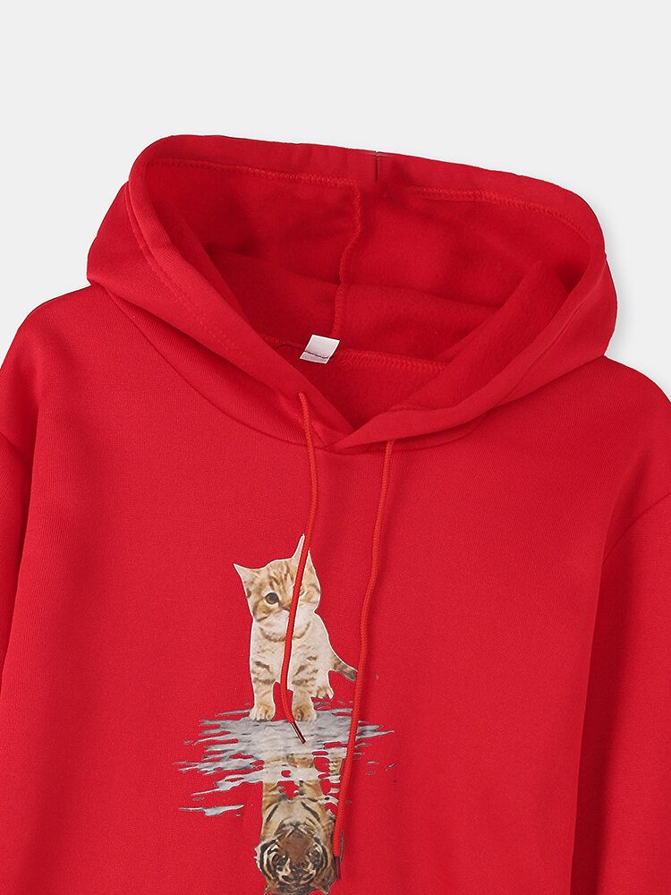 Kvinner Søt Katt Grafisk Print Langermet Casual Pullover Hettegenser