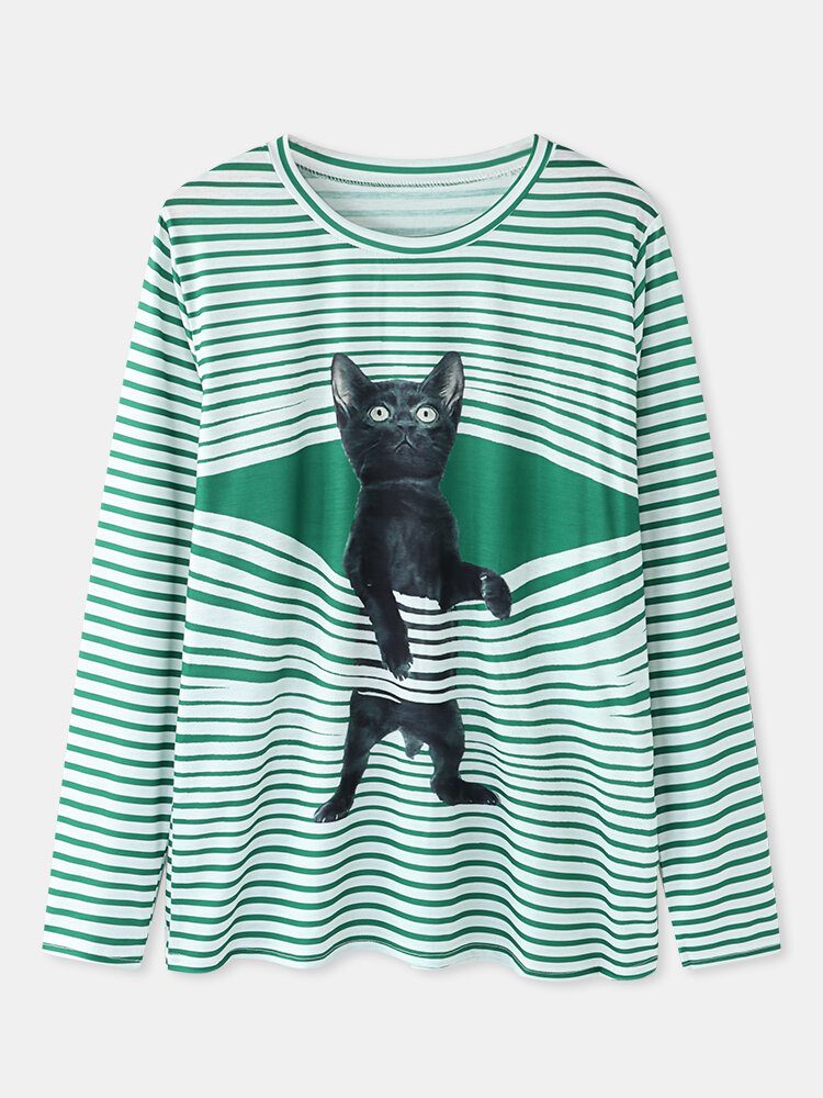 Kvinner Søt Tegneserie Katt Stripe Print Rund Hals Uformell Langermede Gensere