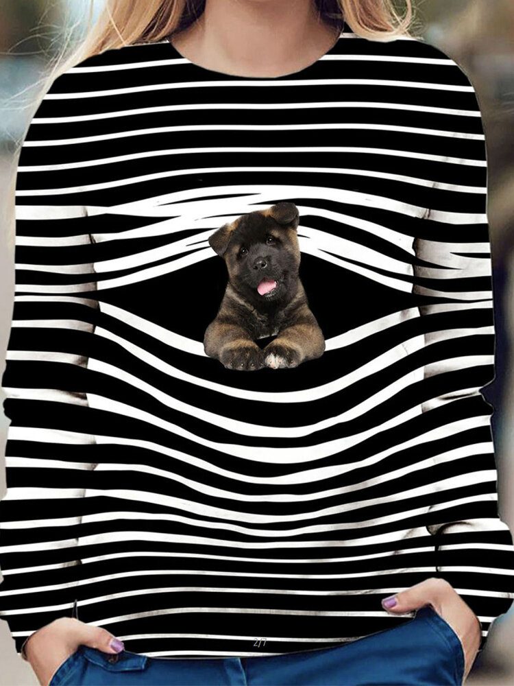 Kvinner Stripe 3d Hundetrykk Genser O-hals Langermede Fritidsgensere