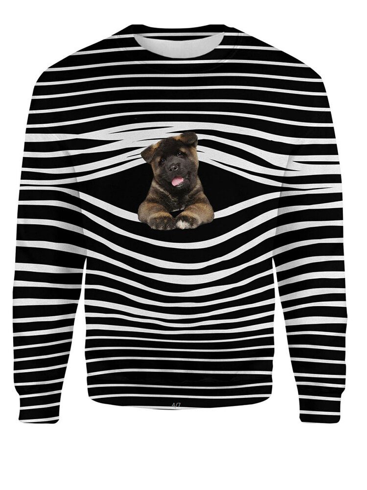 Kvinner Stripe 3d Hundetrykk Genser O-hals Langermede Fritidsgensere