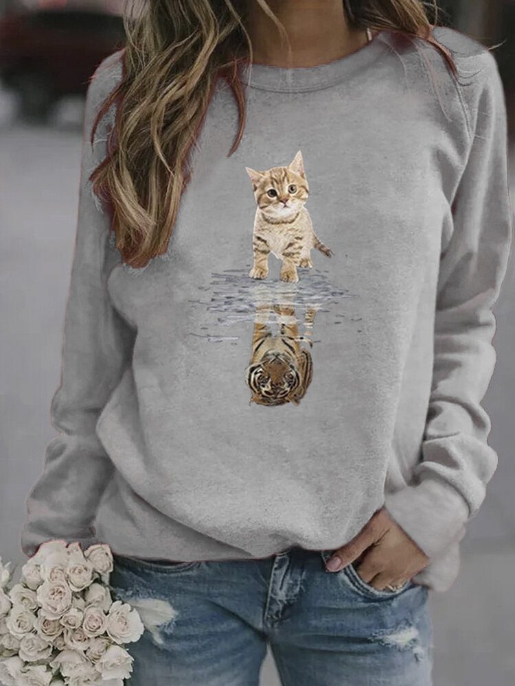 Kvinner Tegneserie Animal Cat Print Pullover Langermet Søt Sweatshirts