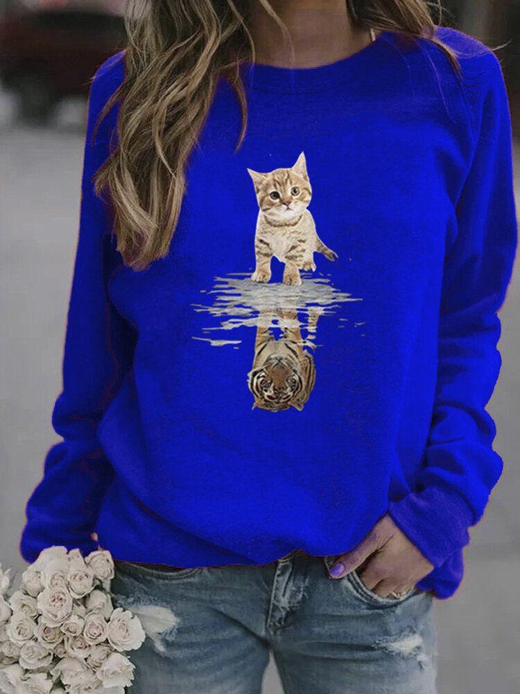 Kvinner Tegneserie Animal Cat Print Pullover Langermet Søt Sweatshirts