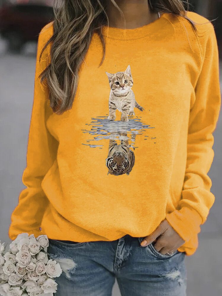 Kvinner Tegneserie Animal Cat Print Pullover Langermet Søt Sweatshirts