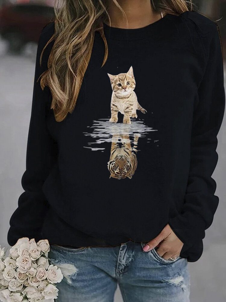 Kvinner Tegneserie Animal Cat Print Pullover Langermet Søt Sweatshirts