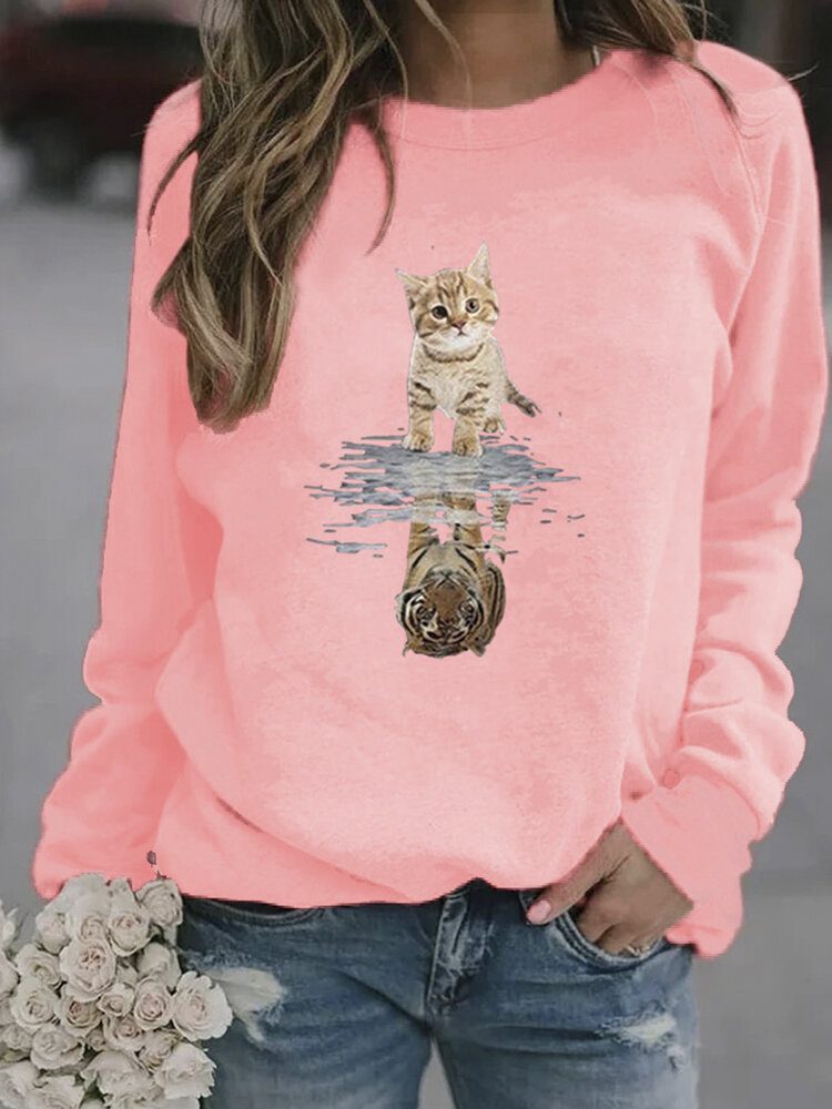 Kvinner Tegneserie Animal Cat Print Pullover Langermet Søt Sweatshirts