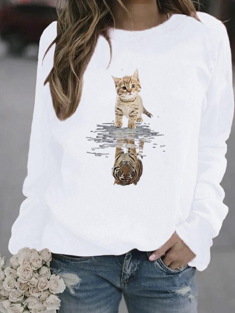 Kvinner Tegneserie Animal Cat Print Pullover Langermet Søt Sweatshirts