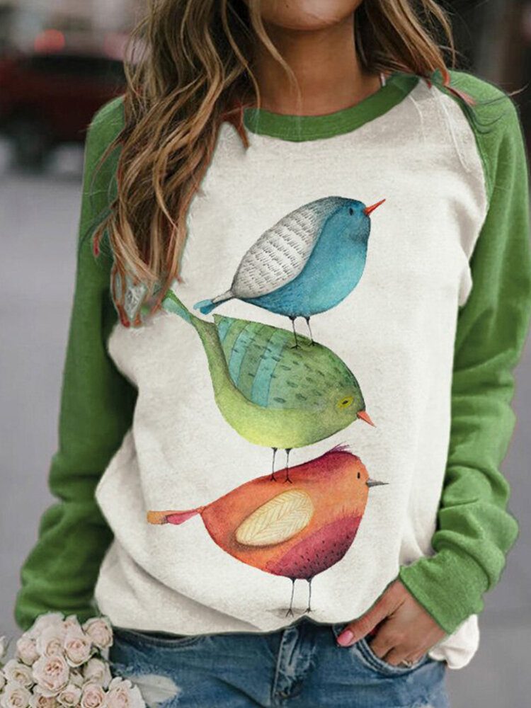 Kvinner Tegneserie Bird Print O-hals Raglan Ermer Pullover Sweatshirts