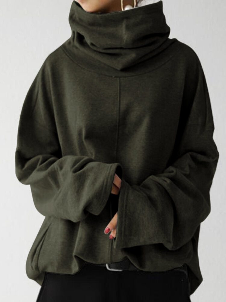 Kvinner Turtleneck Søm Design Vidde Ermer Solid Løs Genser Genser