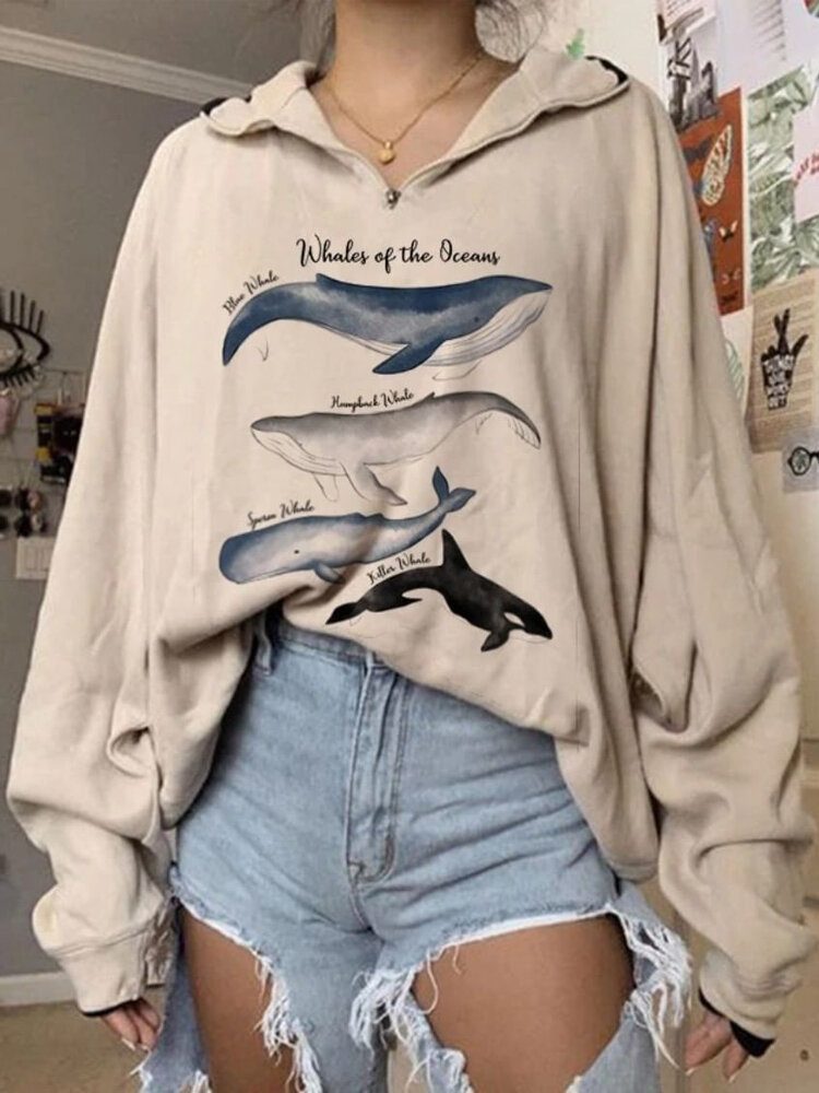 Kvinner Variety Whale Print Loose Pullover Langermede Gensere