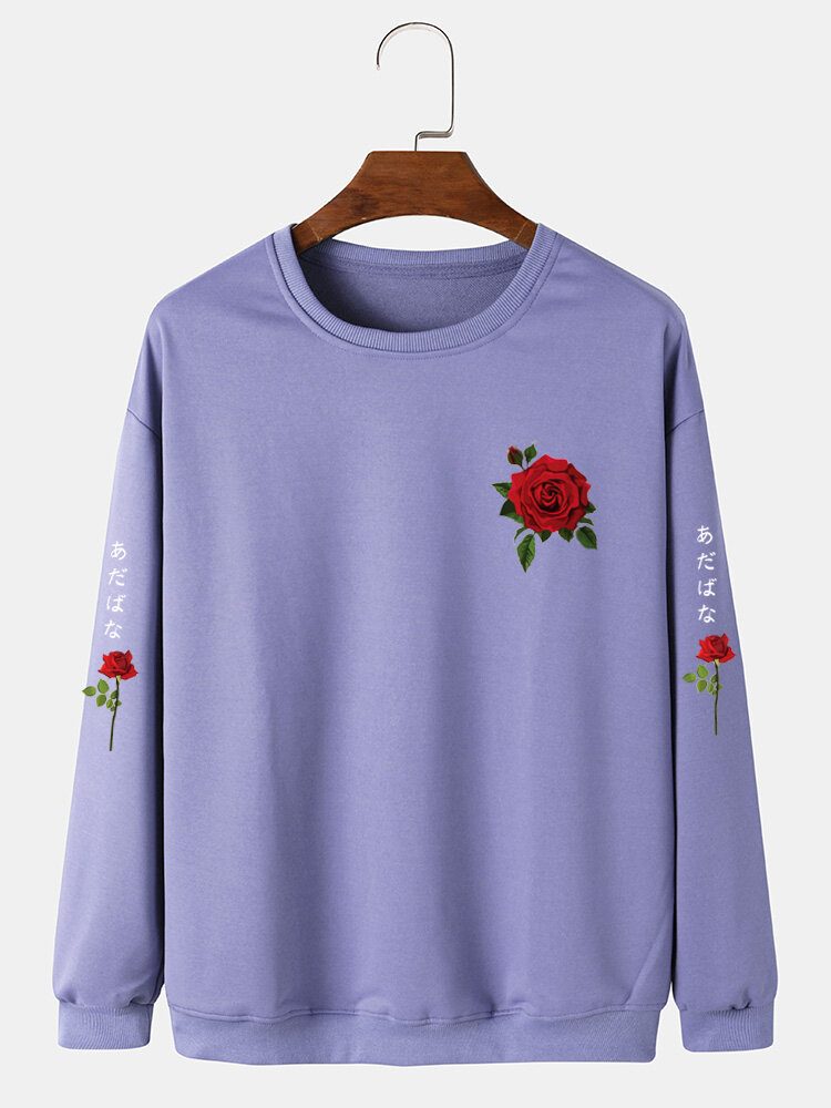 Menn Rose Japansk Letter Bodycon Hem Fritid Pullover Sweatshirt