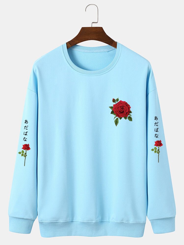 Menn Rose Japansk Letter Bodycon Hem Fritid Pullover Sweatshirt