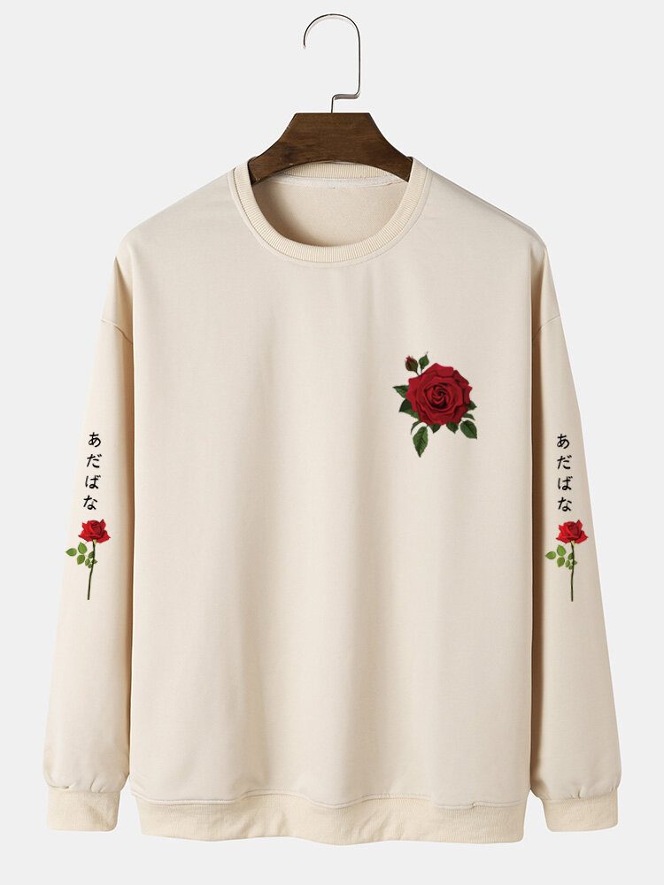 Menn Rose Japansk Letter Bodycon Hem Fritid Pullover Sweatshirt