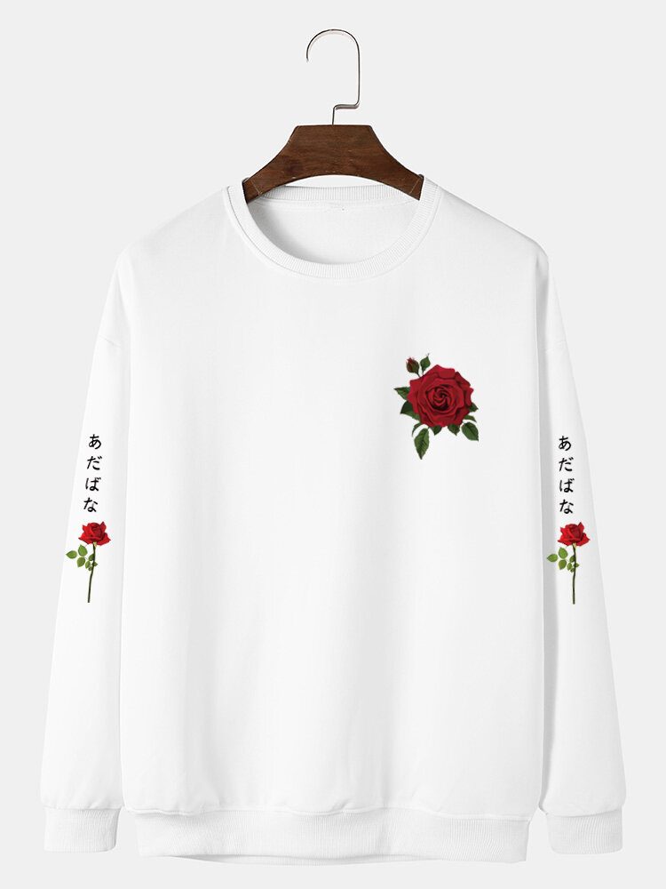 Menn Rose Japansk Letter Bodycon Hem Fritid Pullover Sweatshirt