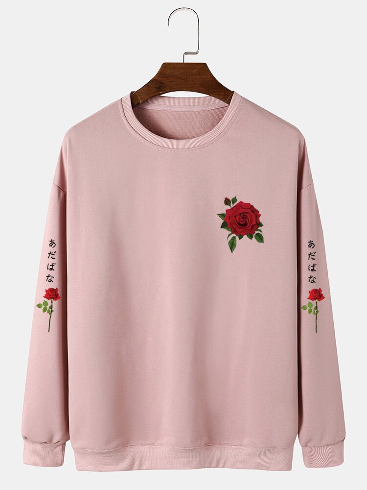 Menn Rose Japansk Letter Bodycon Hem Fritid Pullover Sweatshirt