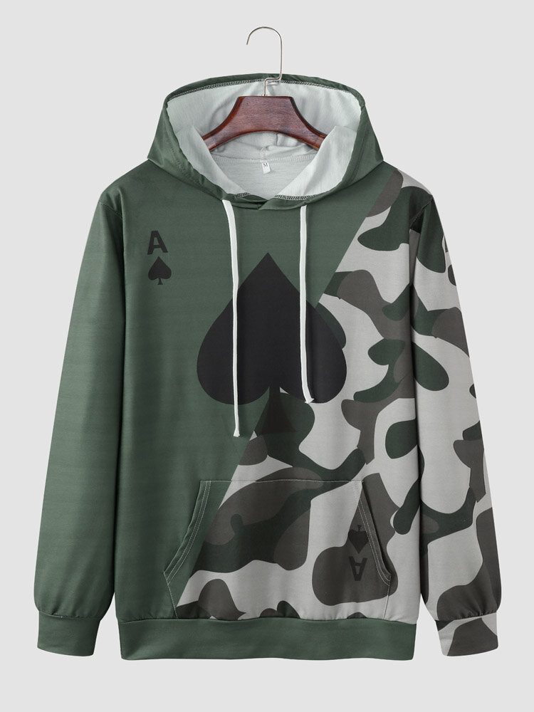 Menn Spade Camo Print Patchwork Snøring Kangaroo Pocket Hettegensere