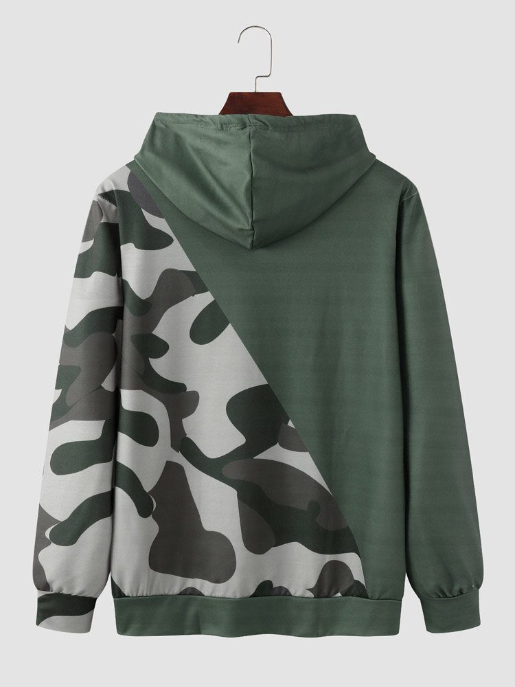 Menn Spade Camo Print Patchwork Snøring Kangaroo Pocket Hettegensere