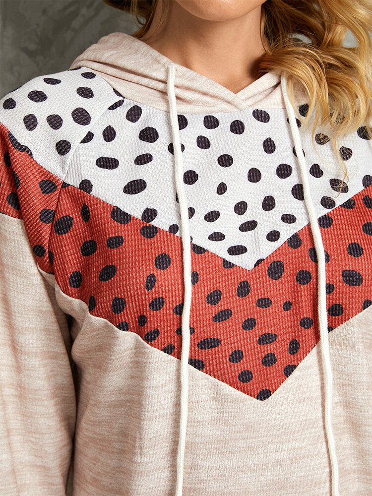 Polkadottrykk Patchwork Uformelt Snøring Langermet Hettegensere Med Rund Hals