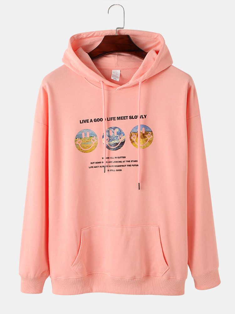 Smilmønster For Menn Slogan Print Drop Shoulder Design Hettegensere Med Snøring