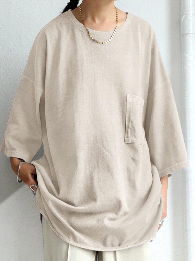 Solid Drop Shoulder Pocket Loose Sweatshirt Med Rund Hals