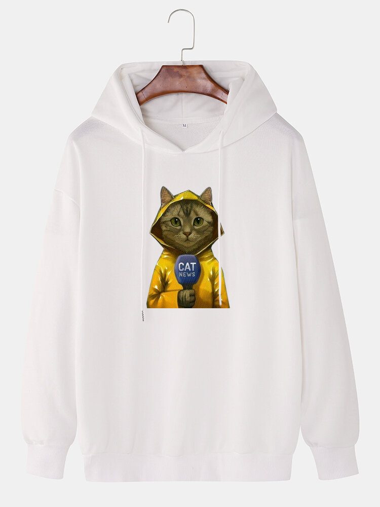 Søt Cartoon Cat Print Drop Shoulder Langermet Hettegensere For Menn