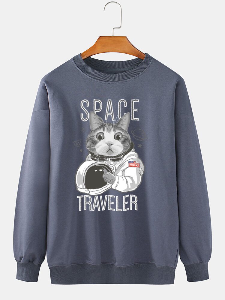 Space Cat Grafisk Trykk Daglig Genser Med Rund Hals Bomullsgenser