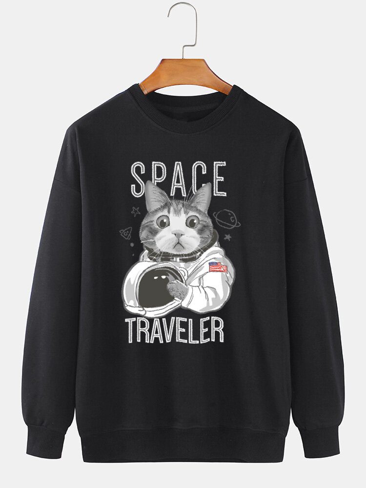 Space Cat Grafisk Trykk Daglig Genser Med Rund Hals Bomullsgenser