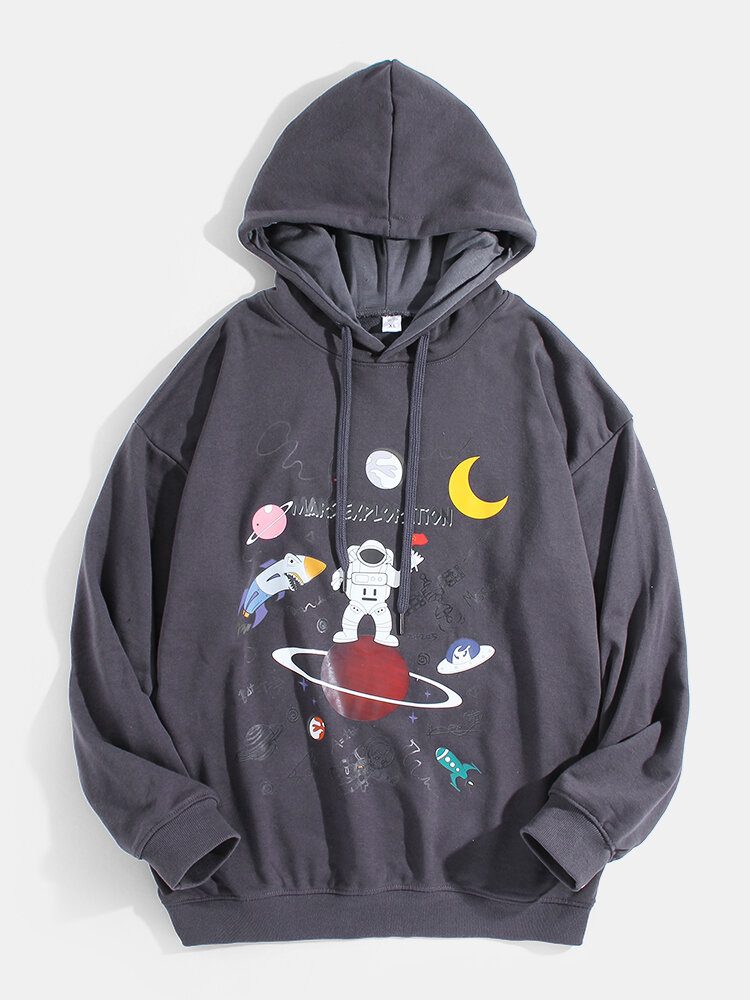 Tegneserie Astronaut Planet Print Drop Shoulder Bomull Søte Hettegensere