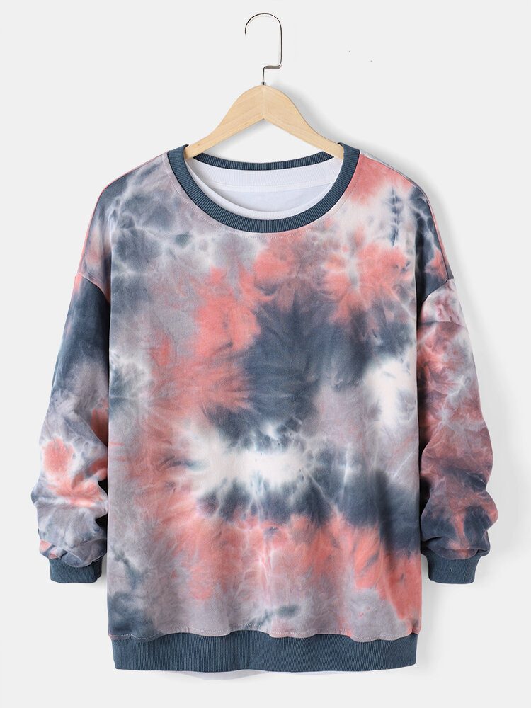 Tie-dye-trykk For Menn Løs Uformell Genser Med Rund Hals