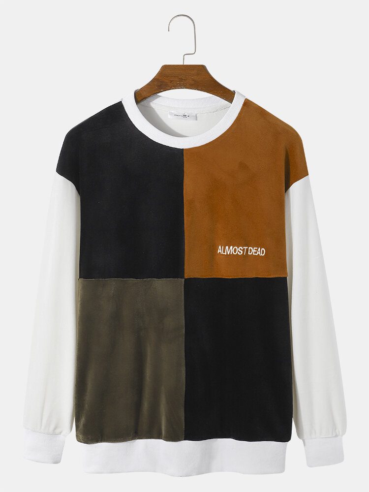 Velvet Color Block Sweatshirt Med Rund Hals For Menn