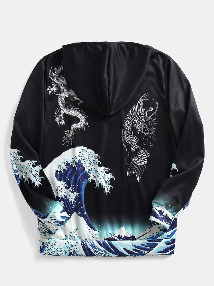 Vindtett Ukiyo-e Element Dragon Wave Pattern Svarte Hettegensere