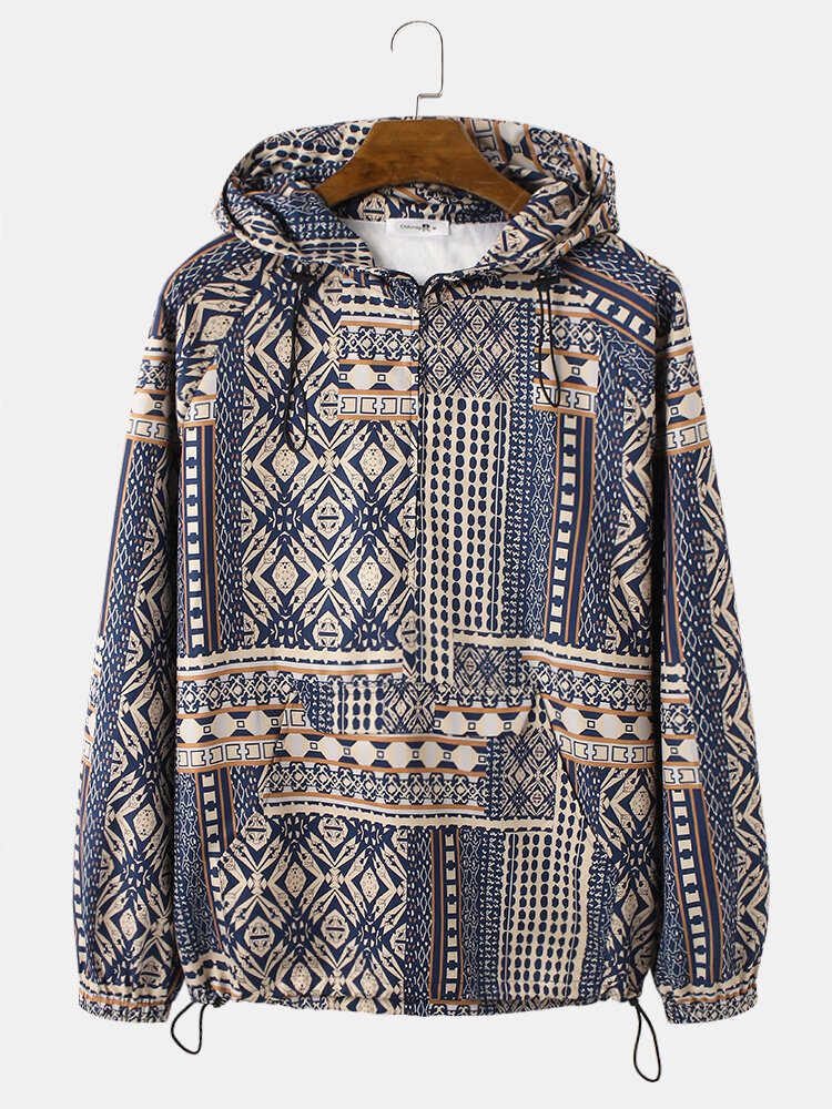 Vintage Tribal Mønster For Menn Print Drawstrin Hem Pullover Hettegenser Bærbar Windbreaker Jakke