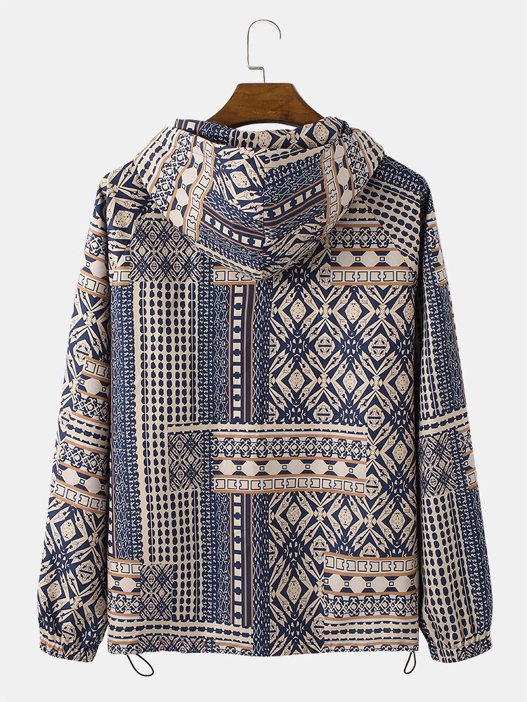 Vintage Tribal Mønster For Menn Print Drawstrin Hem Pullover Hettegenser Bærbar Windbreaker Jakke